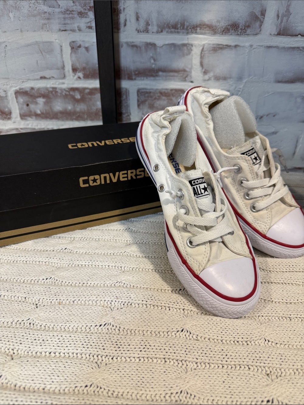 Converse Kids White Canvas Low-Top Sneakers with Red and Blue Trim - Picture 2 of 5
